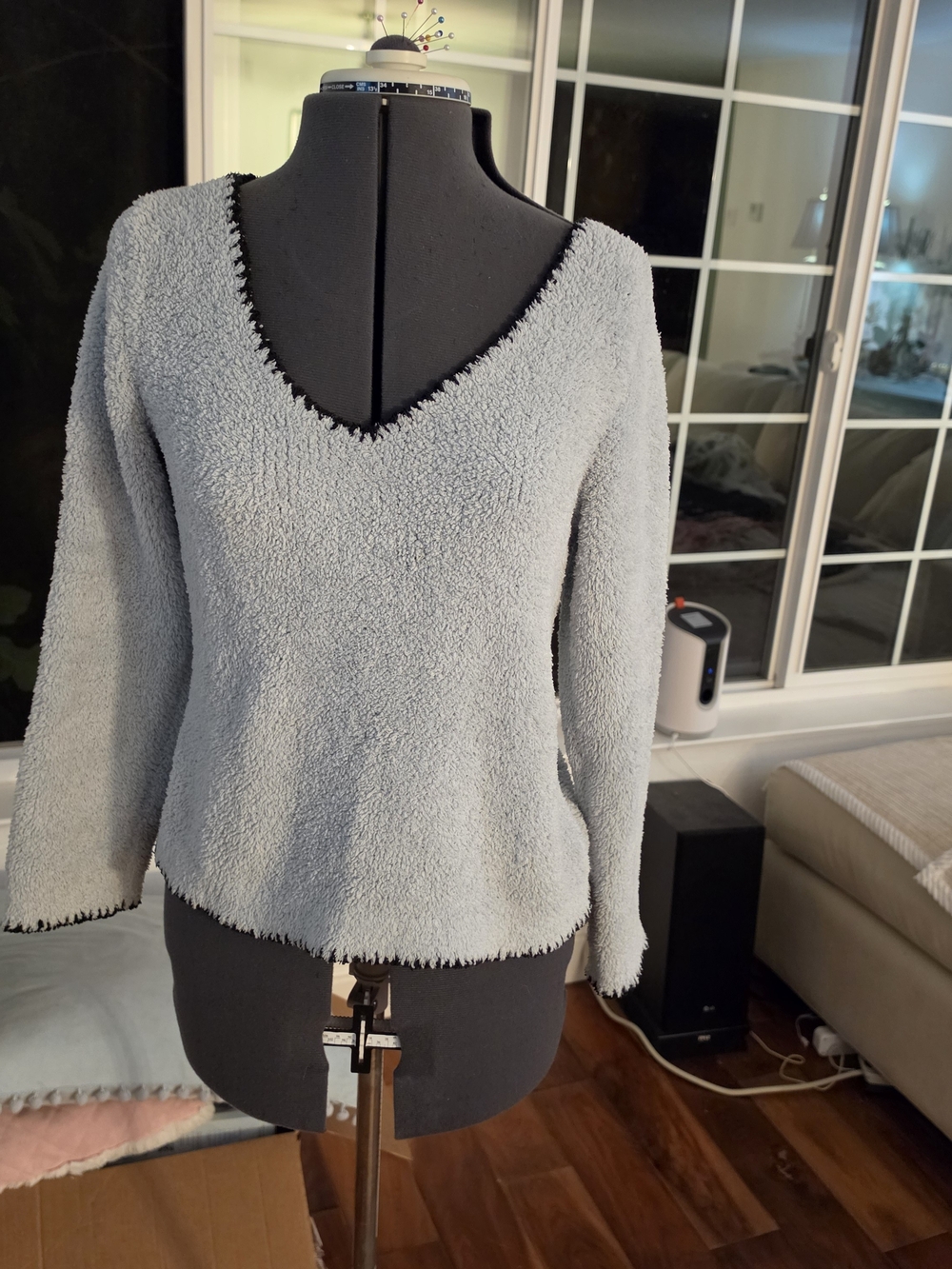 EBarefoot Dreams Women's V-Neck Sweater in Light Blue with Black Trim